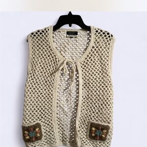 Crochet Knit Vest with Floral Pockets